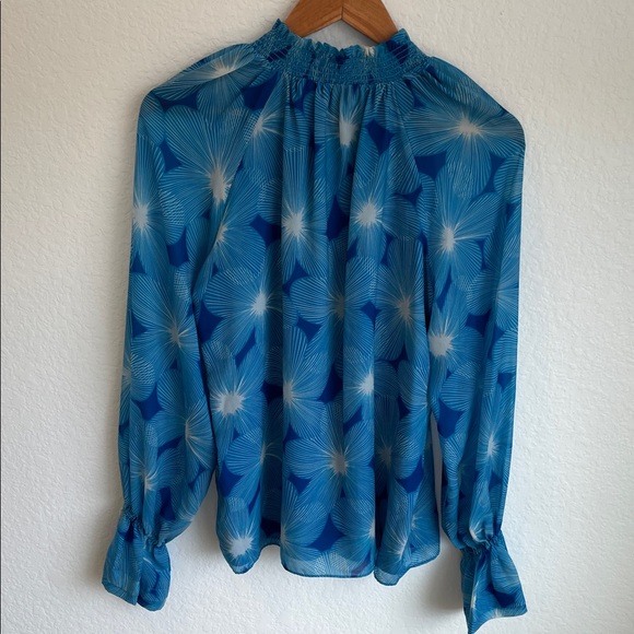 RAMY BROOK • Blue Floral Smocked Tie-Neck Blouse • Small - Picture 5 of 9